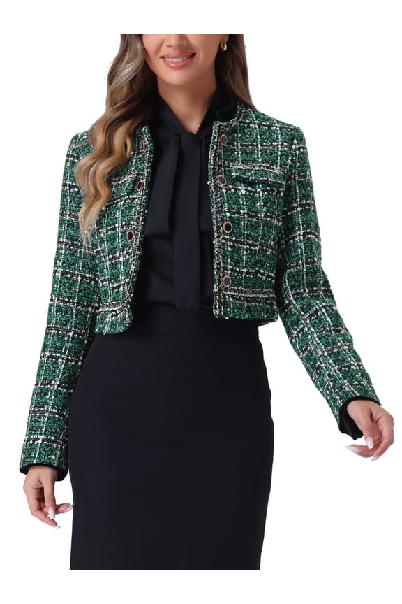 Tweed Cropped Jacket for Women's Stand Collar Double Breasted Office Elegant Plaid Blazer L Green