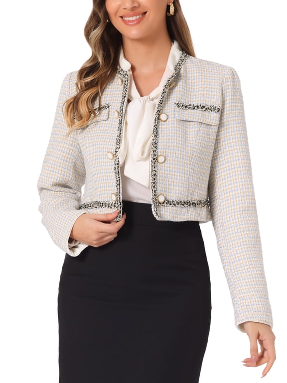Tweed Cropped Jacket for Women's Stand Collar Double Breasted Office Elegant Plaid Blazer L Light Blue