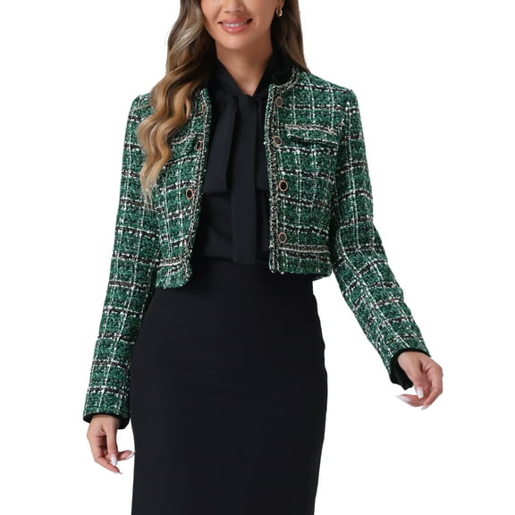 INSPIRE CHIC Tweed Cropped Jacket for Women's Stand Collar Double Breasted Office Elegant Plaid Blazer M Green