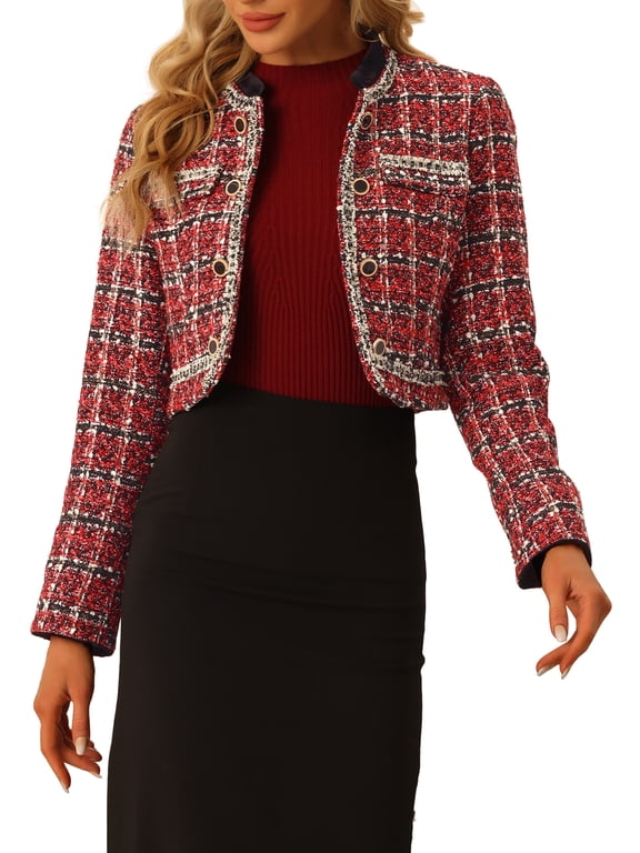 Tweed Cropped Jacket for Women's Stand Collar Double Breasted Office Elegant Plaid Blazer M Red