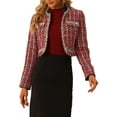 thumbnail image 1 of INSPIRE CHIC Tweed Cropped Jacket for Women's Stand Collar Double Breasted Office Elegant Plaid Blazer XS Red, 1 of 6