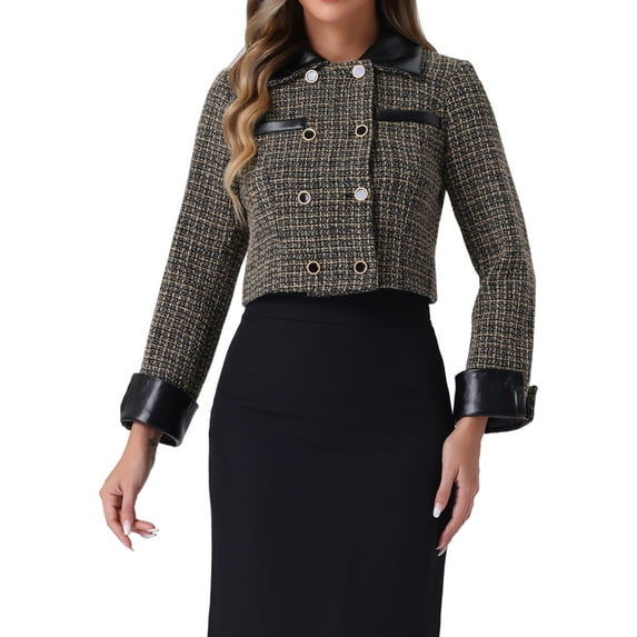 INSPIRE CHIC Tweed Cropped Jackets for Women's Contrast Lapel Collar Double Breasted Vintage Plaid Blazer M Khaki