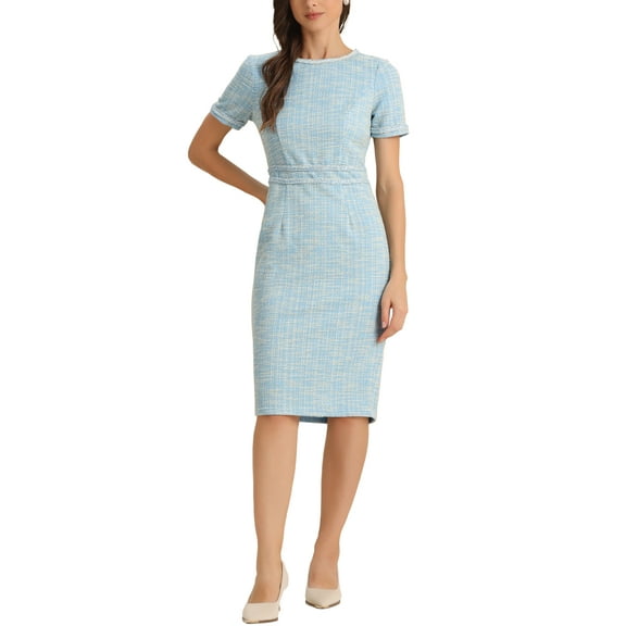 INSPIRE CHIC Tweed Dress for Women's Crew Neck Wear to Work Office Bodycon Pencil Dress L Blue