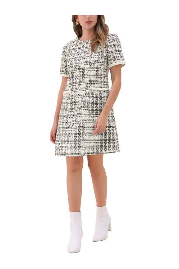 Women's Dress Tweed Crew Neck Short Sleeve Vintage Mini Shift Dresses XL Black White