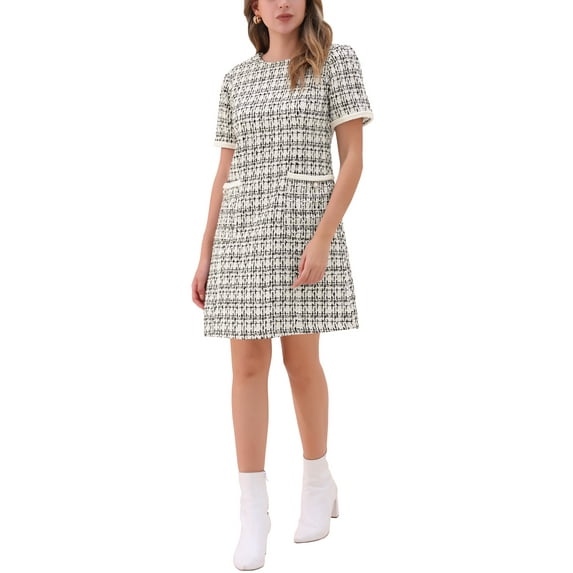 INSPIRE CHIC Women's Dress Tweed Crew Neck Short Sleeve Vintage Mini Shift Dresses XL Black White