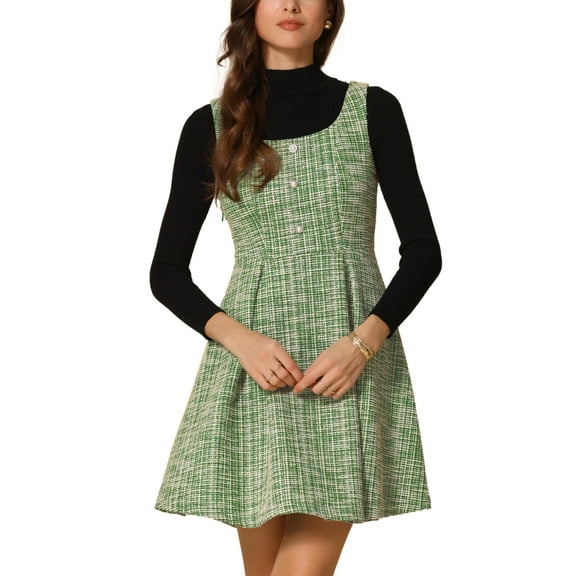 INSPIRE CHIC Women's Dress Tweed Plaid Sleeveless A-Line Pinafore Overall Dress XS Green