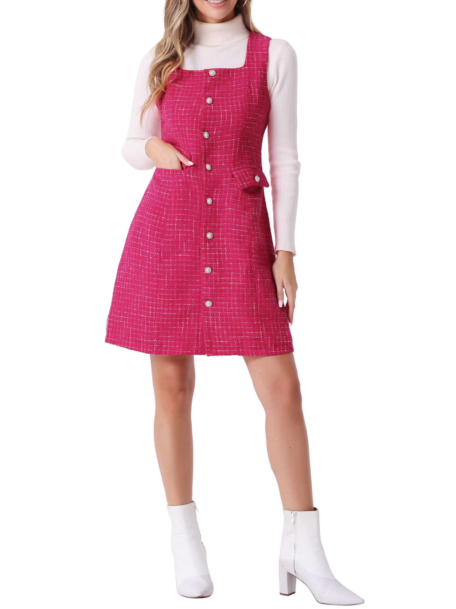 INSPIRE CHIC Tweed Dress for Women's Sleeveless Square Neck Button Down A-Line Pinafore Overall Dresses L Hot Pink - Walmart.com INSPIRE CHIC Tweed Dress for Women's Sleeveless Square Neck Button Down A-Line Pinafore Overall Dresses L Hot Pink - Walmart.com