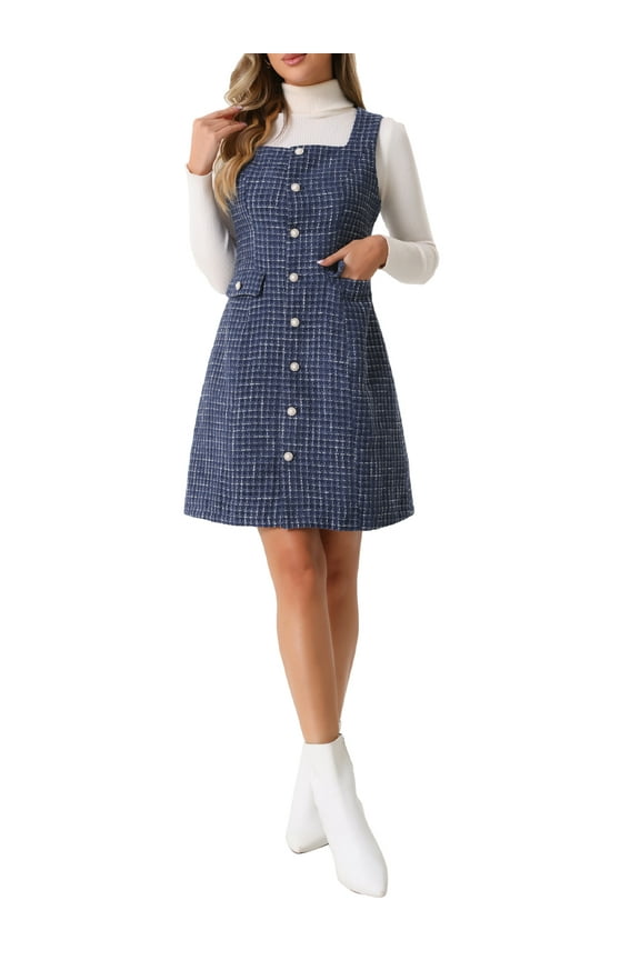 Tweed Dress for Women's Sleeveless Square Neck Button Down A-Line Pinafore Overall Dresses M Navy Blue