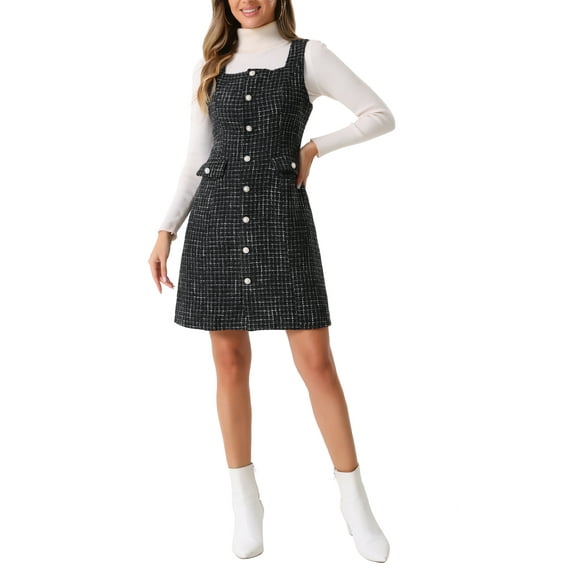 INSPIRE CHIC Tweed Dress for Women's Sleeveless Square Neck Button Down A-Line Pinafore Overall Dresses XL Black