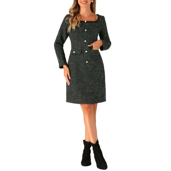 INSPIRE CHIC Tweed Dress for Women's Square Neck Long Sleeve Elegant Cocktail Plaid Dress L Black