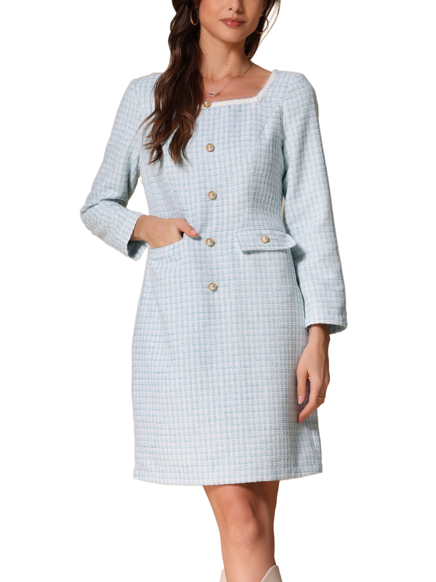 long sleeve plaid tweed dress Tweed Plaid Long Sleeves Square Neckline Knee Length Dress, Black / S