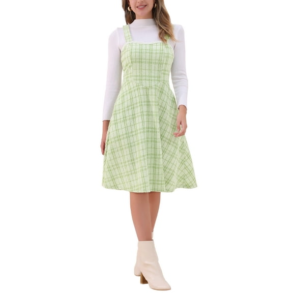 INSPIRE CHIC Tweed Dress for Women's Sleeveless Square Neck Plaid A-Line Pinafore Overall Dresses L Green