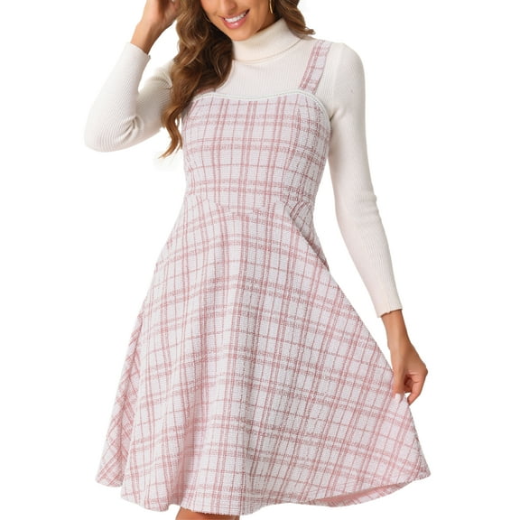 INSPIRE CHIC Tweed Dress for Women's Sleeveless Square Neck Plaid A-Line Pinafore Overall Dresses XL Pink