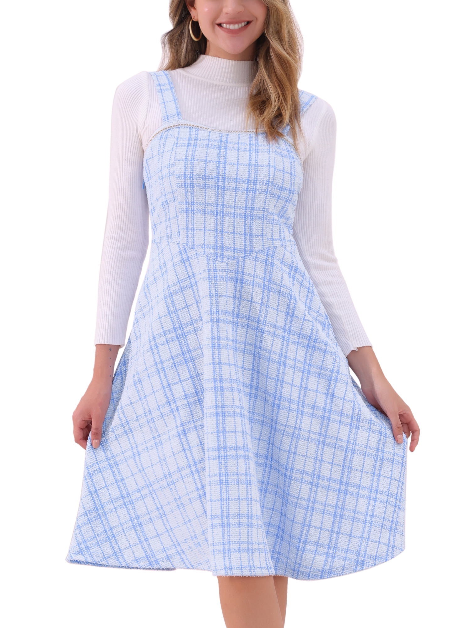 INSPIRE CHIC Tweed Dress for Women's Sleeveless Square Neck Plaid A-Line  Pinafore Overall Dresses XS Blue - Walmart.com