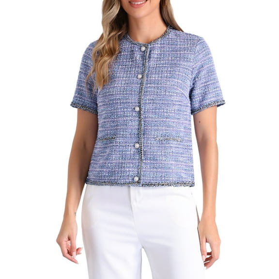 INSPIRE CHIC Tweed Jacket Top for Women's Round Neck Short Sleeve Vintage Blouse