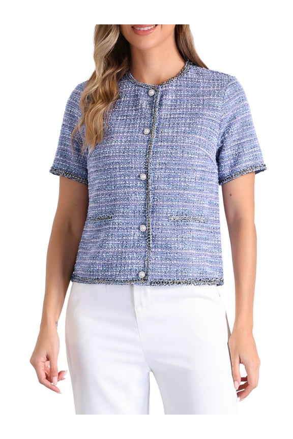 Tweed Jacket Top for Women's Round Neck Short Sleeve Vintage Blouse