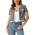 thumbnail image 1 of INSPIRE CHIC Short Sleeve Tweed Jacket for Women's Collarless Crew Neck Button Front Top Cropped Cardigan S Black, 1 of 6