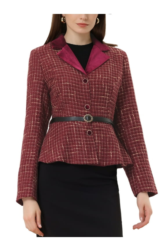 Tweed Jacket for Women's Notched Collar Single Breasted Belted Vintage Peplum Blazer M Wine Red