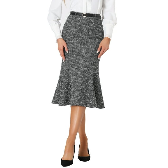 INSPIRE CHIC Tweed Midi Skirt for Women’s Plaid Belted Fishtail Bodycon Skirts