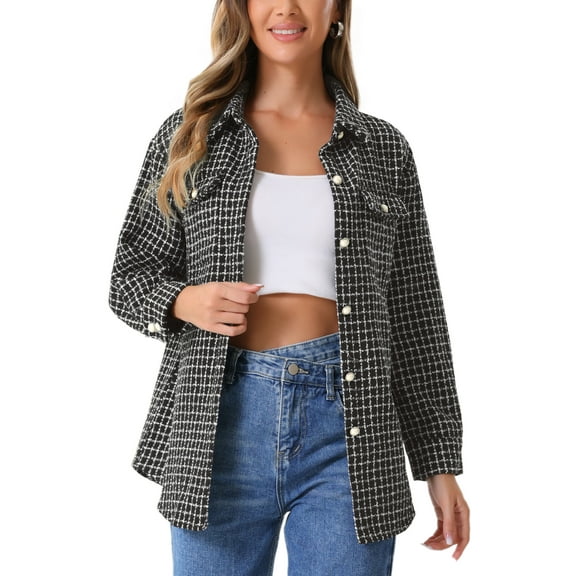 INSPIRE CHIC Tweed Shirt Jacket for Women's Plaids Long Sleeves Loose Shirt