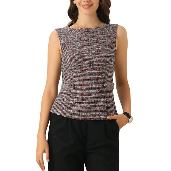 INSPIRE CHIC Tweed Top for Women Sleeveless Crew Neck Plaid Print Waist Zipper Buckle Back Blouse Tops L Red Black