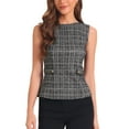 thumbnail image 1 of INSPIRE CHIC Tweed Top for Women Sleeveless Crew Neck Plaid Print Waist Zipper Buckle Back Blouse Tops S Black, 1 of 6