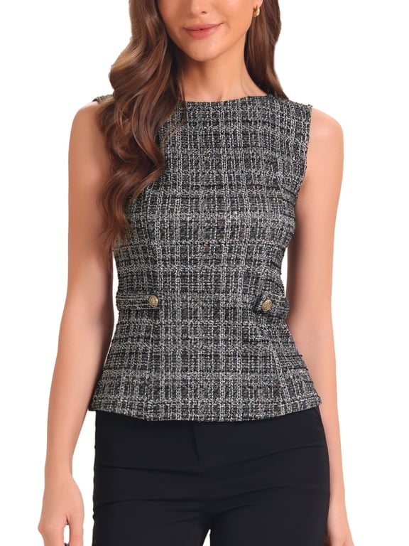 Tweed Top for Women Sleeveless Crew Neck Plaid Print Waist Zipper Buckle Back Blouse Tops S Black