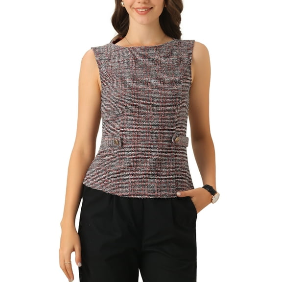 INSPIRE CHIC Tweed Top for Women Sleeveless Crew Neck Plaid Print Waist Zipper Buckle Back Blouse Tops S Red Black