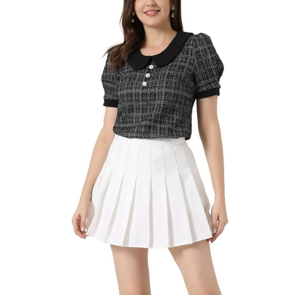 INSPIRE CHIC Tweed Top for Women's Button Decor Peter Pan Collar Blouse S Black