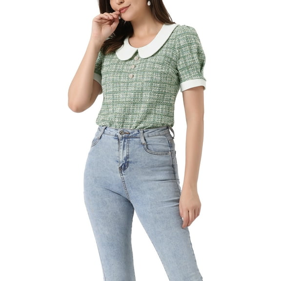 INSPIRE CHIC Tweed Top for Women's Button Decor Peter Pan Collar Blouse S Green