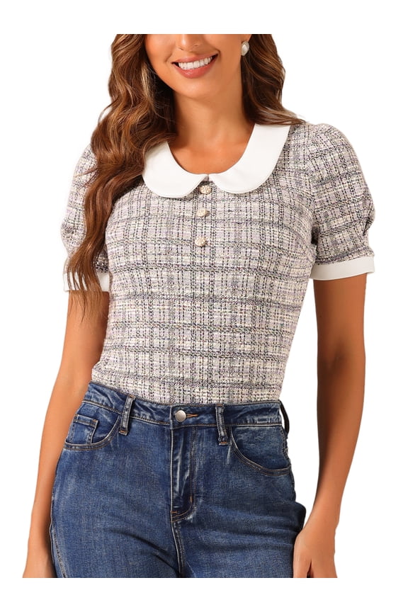 Tweed Top for Women's Button Decor Peter Pan Collar Blouse S Purple