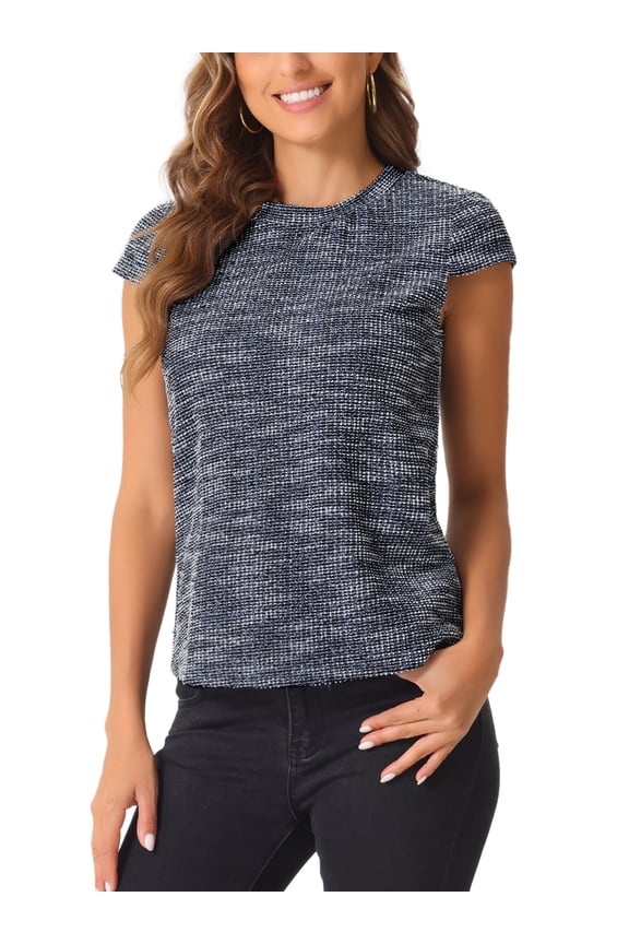 Women's Tweed Tops Marled Pattern Cap Sleeve Casual Summer Blouse L Blue Black
