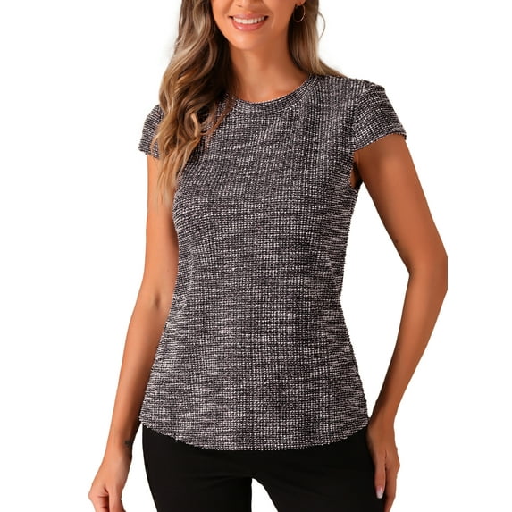 INSPIRE CHIC Women's Tweed Tops Marled Pattern Cap Sleeve Casual Summer Blouse L Pink Black
