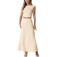 thumbnail image 1 of INSPIRE CHIC Two Piece Skirt Set Crew Neck Short Sleeve Cropped Top Elastic Waist A-Line Midi Skirt, 1 of 5