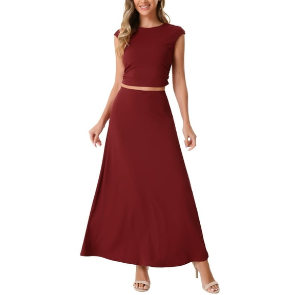 INSPIRE CHIC Two Piece Skirt Set Crew Neck Short Sleeve Cropped Top Elastic Waist A-Line Midi Skirt