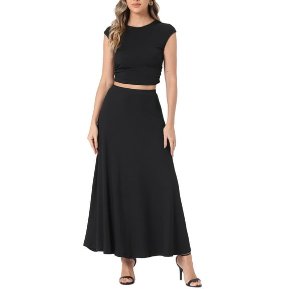 INSPIRE CHIC Two Piece Skirt Set Crew Neck Short Sleeve Cropped Top Elastic Waist A-Line Midi Skirt