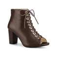 thumbnail image 1 of BLISSFUL STEP BLISSFUL STEP Women's Peep Toe Front Lace Up Ankle Block Heel Boots Dark Brown 8, 1 of 8