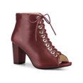 thumbnail image 1 of BLISSFUL STEP BLISSFUL STEP Women's Peep Toe Front Lace Up Ankle Block Heel Boots Burgundy 8.5, 1 of 8
