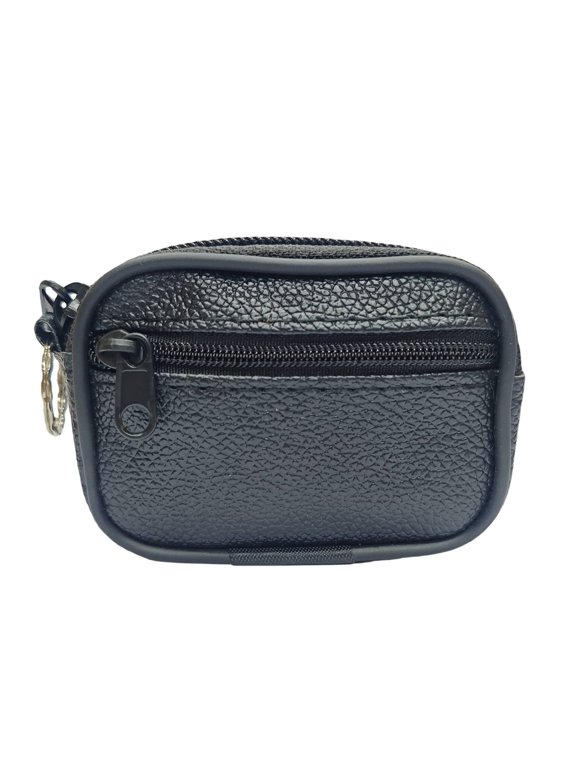 Unisex Black Faux Leather 2-Pocket Zippered Coin Keys Bag Purses Black