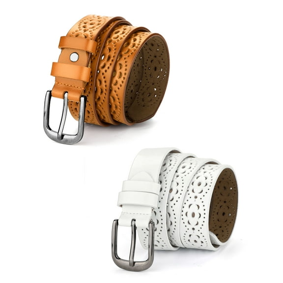 INSPIRE CHIC Unisex Retro Floral Hollow Belts Pin Buckle Faux Leather Belts for Jeans Pants Brown & White 120cm/47.24"