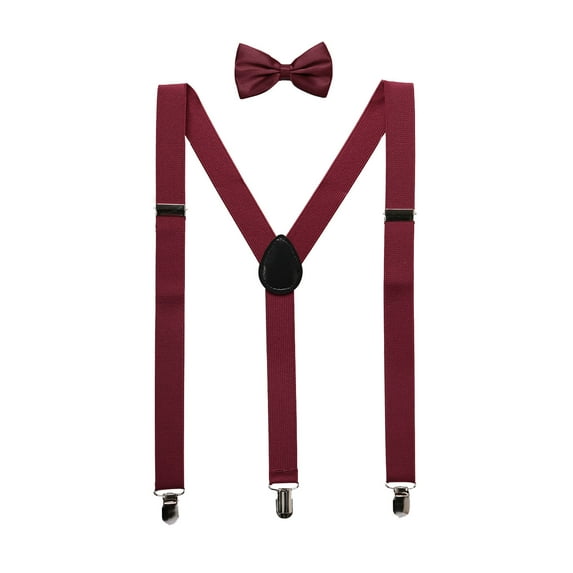 INSPIRE CHIC Unisex Y Shape Elastic Shoulder Strap Adjustable Bow Tie Suspender Set Burgundy Height below 5.3 feet
