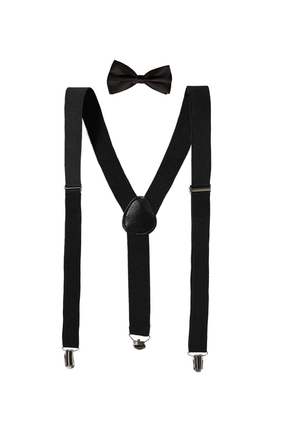 Unisex Y Shape Elastic Shoulder Strap Adjustable Bow Tie Suspender Set Black Height below 5.3 feet