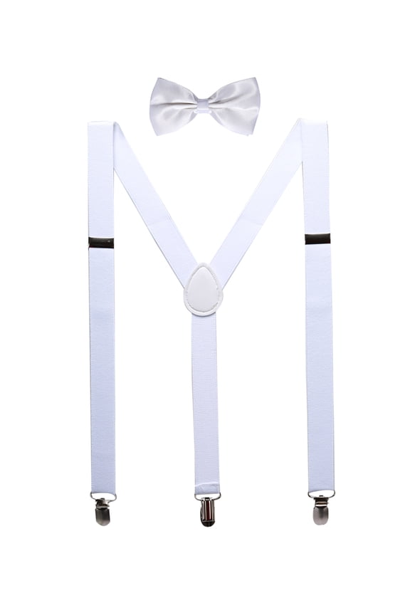Unisex Y Shape Elastic Shoulder Strap Adjustable Bow Tie Suspender Set White Height below 5.3 feet