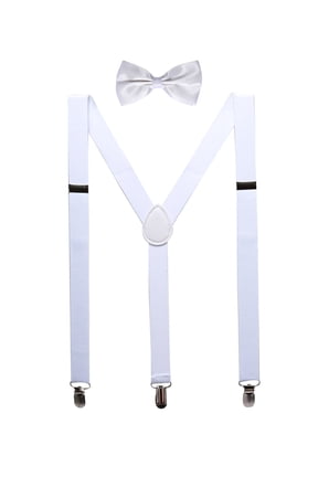 Unisex Halloween Y Shape Elastic Shoulder Strap Adjustable Bow Tie Suspender Set White Fits Under 5'3"