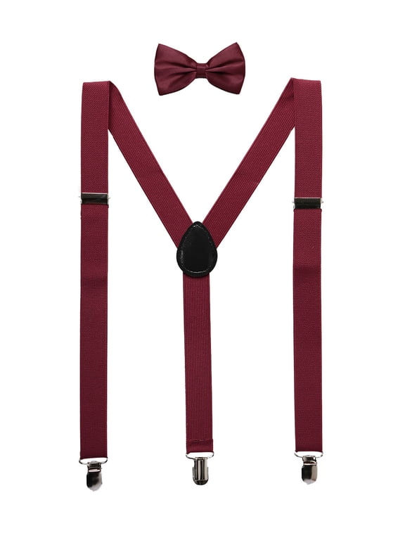 Unisex Halloween Y Shape Elastic Shoulder Strap Adjustable Bow Tie Suspender Set Burgundy Fits Under 5'3"