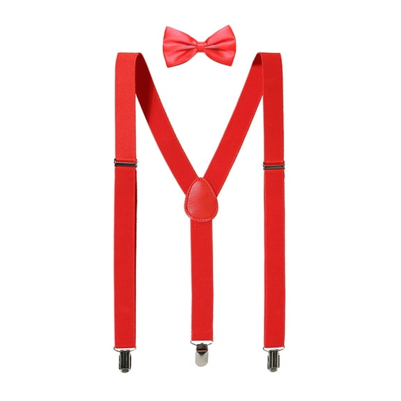 INSPIRE CHIC Unisex Y Shape Elastic Shoulder Strap Adjustable Bow Tie Suspender Set Red Height below 5.3 feet