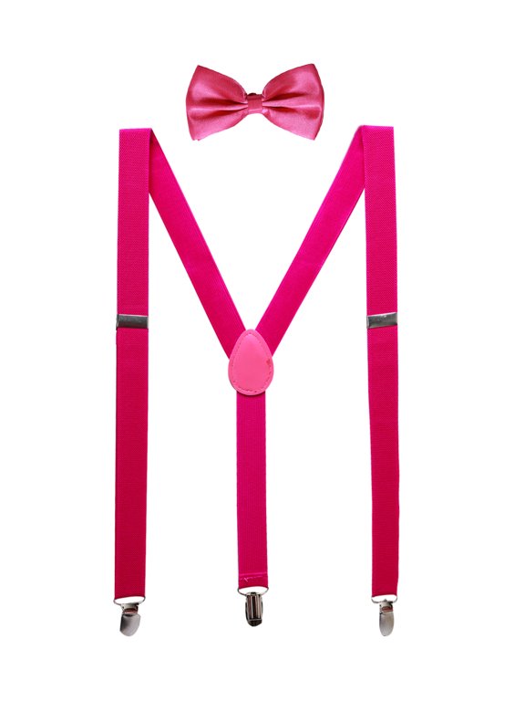 Unisex Y Shape Elastic Shoulder Strap Adjustable Bow Tie Suspender Set Fuchsia Height below 5.3 feet