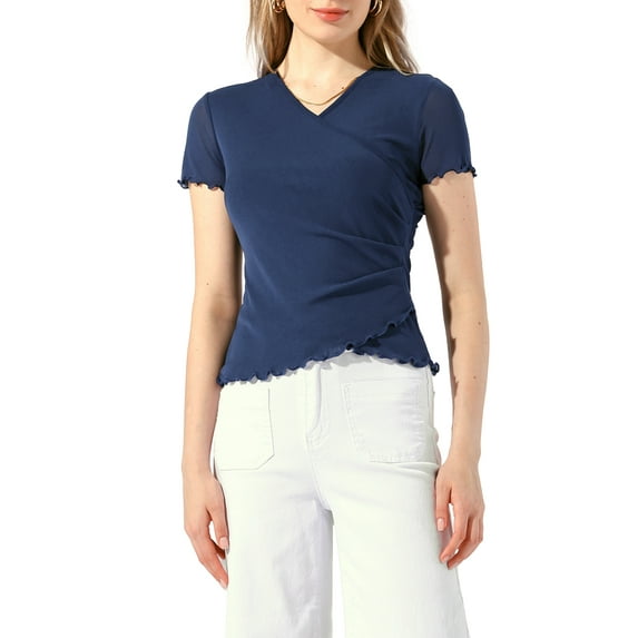 INSPIRE CHIC V Neck Blouse for Women's Cross Wrap Slim Fit Short Sleeve Ruffled Summer Tops Deep Blue S