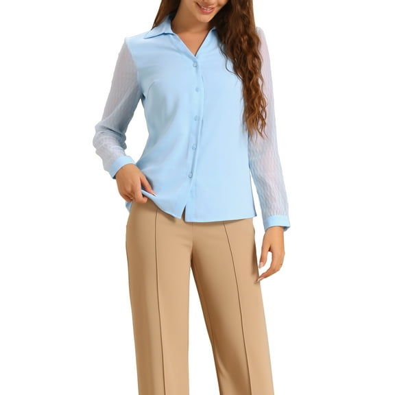 INSPIRE CHIC V Neck Blouse for Women's Lapel Collar Mesh Panel Lantern Sleeve Elegant Office Work Shirt L Light Blue