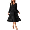 thumbnail image 1 of INSPIRE CHIC V Neck Dress for Women's Lantern Sleeve Ruffle A-Line Elegant Casual Midi Dresses S Black, 1 of 6